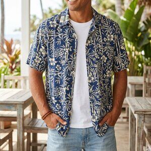 M E Sports Hawaian Shirt  Navy and Cream Floral Shirt Size M 100% Rayon